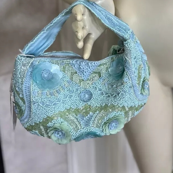 hand crafted in India Handbags - Handcrafted In India Viral Rare Shoulder Pearl Beaded Bag Turquoise Blue NWT